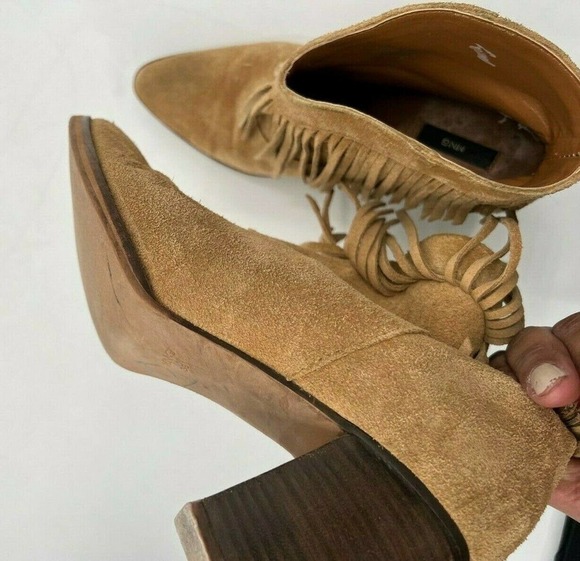 MNG Mango Womens Size 38 Boho Style Fringe Suede Slip-On Ankle Booties Tan Brown - Picture 3 of 11